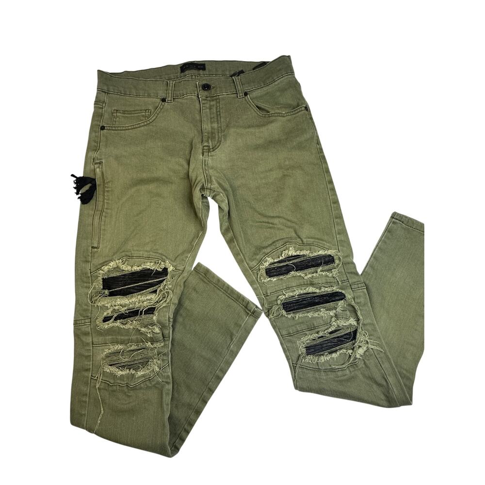 Zara Jeans Olive Green Distressed Moto Biker Skinny 32